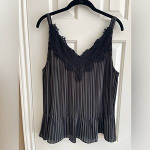 Chico’s Black and White Stripe V Neck Sleeveless Blouse With Lace Detail